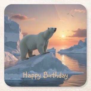Happy Birthday Polar Bear Square Paper Coaster