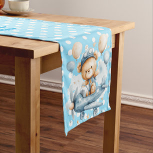 Happy Birthday Polka Dot Cute Teddy Bear in Plane Short Table Runner