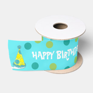 Happy Birthday Polka Dot Party Hats Yellow Blue Satin Ribbon