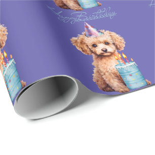 Happy Birthday Poodle with Party Hat & Bday Cake  Wrapping Paper