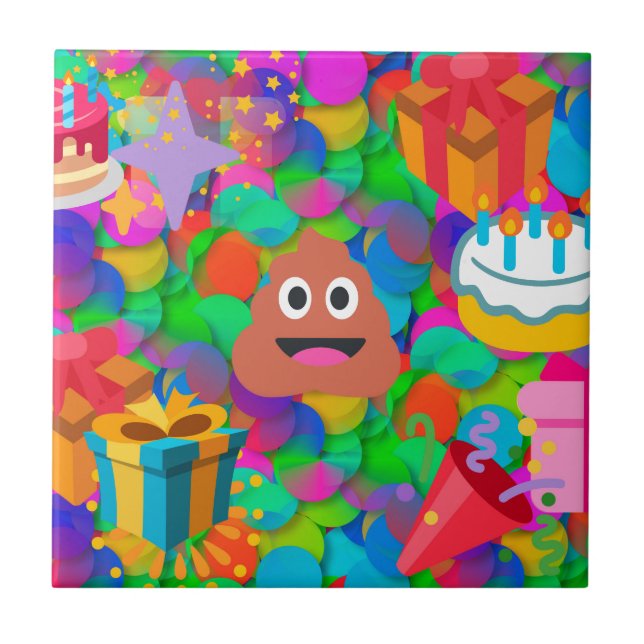 happy birthday poop emoji ceramic tile (Front)