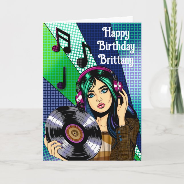Happy Birthday  | Pop Art Girl with Record Card (Front)