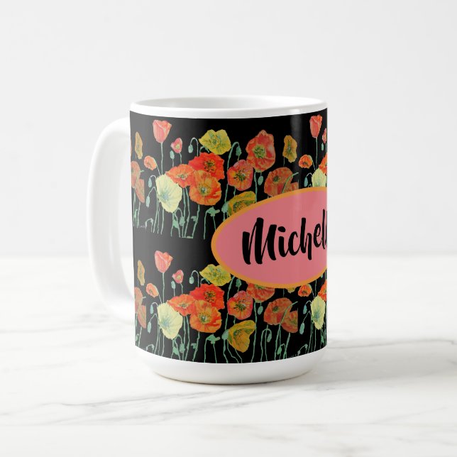 Happy Birthday Poppy floral Orange ladies Name Mug (Front Left)