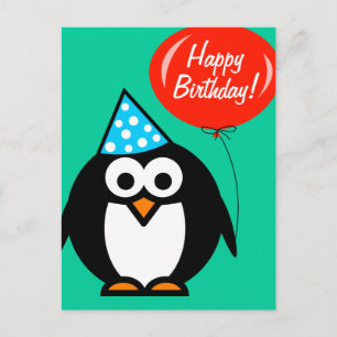Happy Birthday postcard   penguin with red balloon