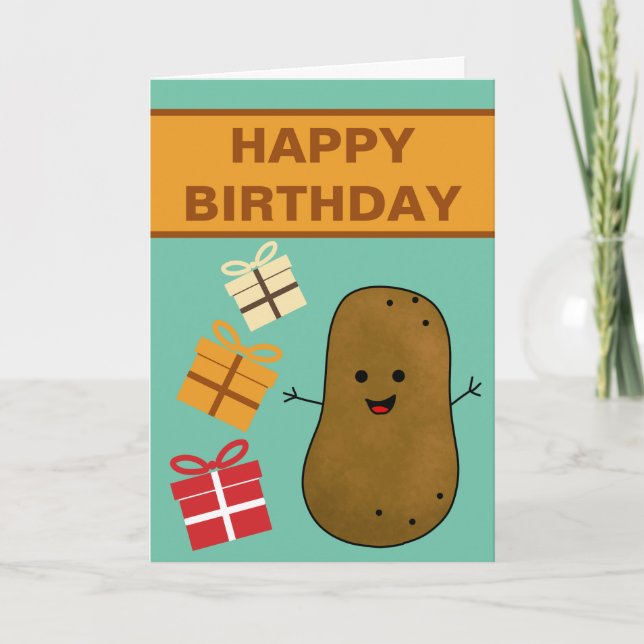 Happy Birthday Potato With Presents  Card (Front)