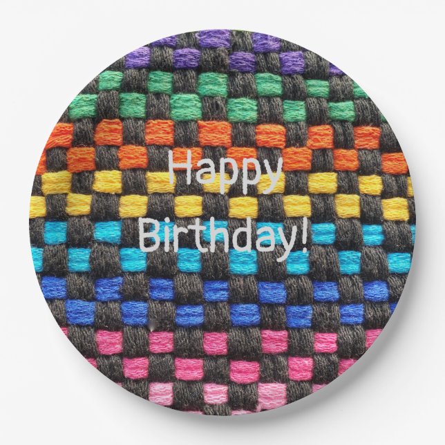 Happy Birthday Potholder Check Pattern Paper Plate (Front)