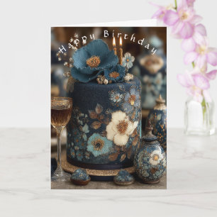 Happy Birthday Pretty Blue White  Flowers Cake  Card