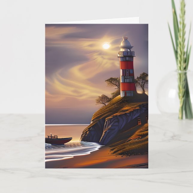 Happy Birthday | Pretty Lighthouse and Sunset  Card (Front)