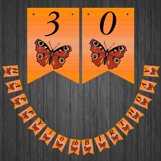 Happy Birthday Pretty Monarch Butterfly Orange Bunting (Monarch butterflies on shades of orange Happy Birthday bunting flag party banner.)