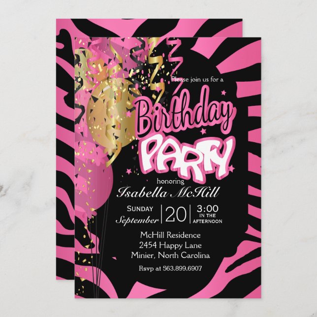 Happy BIrthday - Pretty Pink & Black Zebra Stripes Invitation (Front/Back)