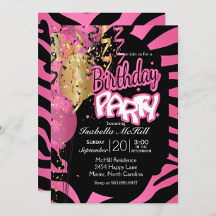 Happy BIrthday - Pretty Pink & Black Zebra Stripes Invitation