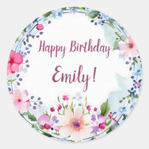 Happy Birthday Pretty PInk, Purple and Blue Floral Classic Round Sticker