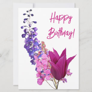 Happy birthday pretty pink purple flowers floral holiday card
