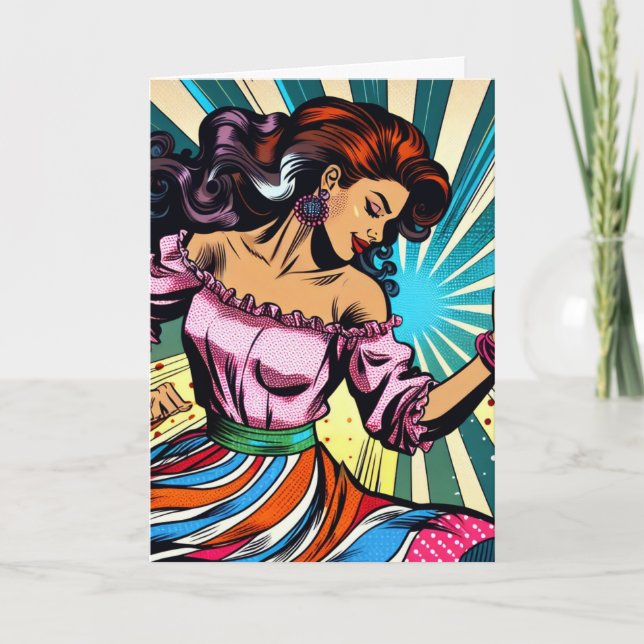 Happy Birthday Pretty Woman Dancing Salsa Pop Art Card (Front)