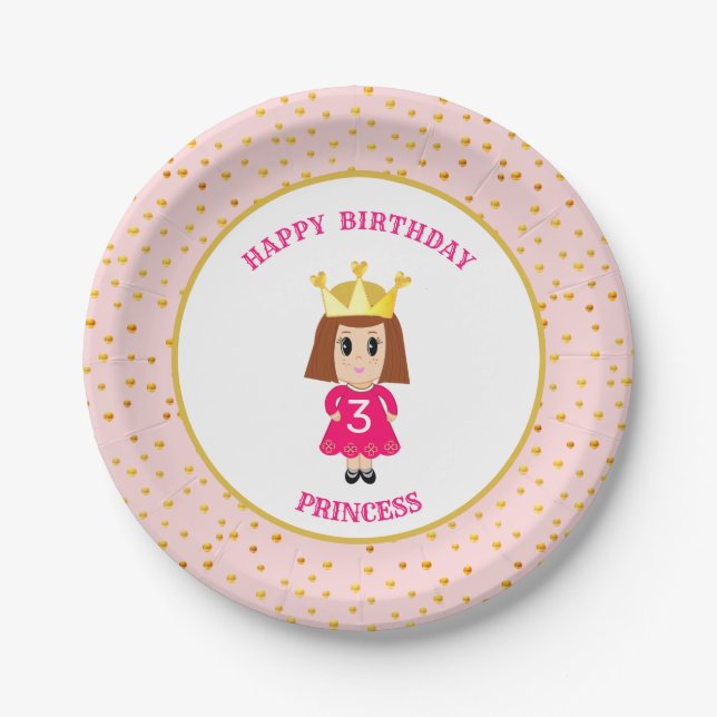 Happy Birthday Princess & Gold Confetti Paper Plate (Front)