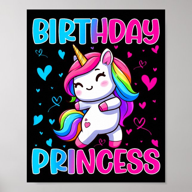 Happy Birthday Princess Unicorn Cute Rainbow Heart Poster (Front)