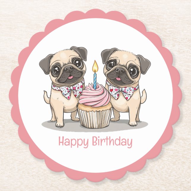 Happy Birthday Pug Dogs Cupcake Paper Coaster (Front)