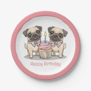 Happy Birthday Pug Dogs Cupcake Paper Plate
