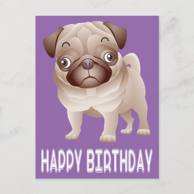 Happy Birthday Pug Puppy Dog Purple Postcard (Front)