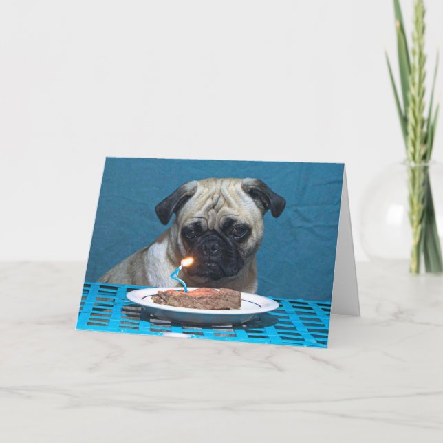Happy Birthday Pug With Steak Candle - Card (Front)