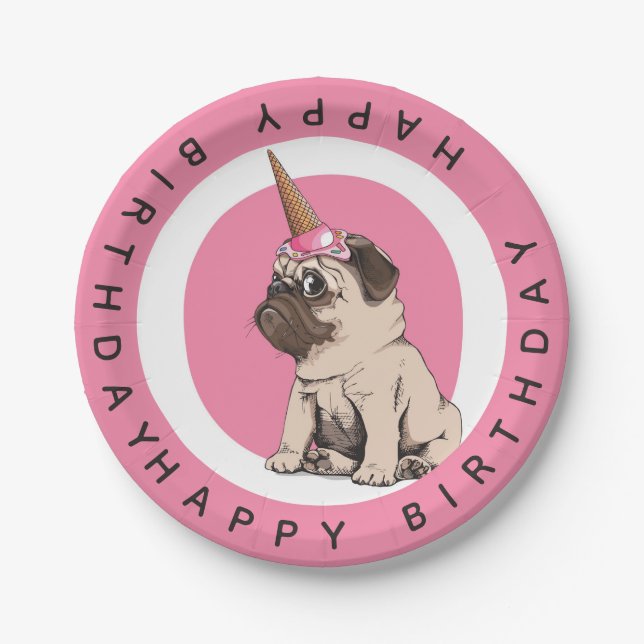 Happy Birthday | Pugicorn Paper Plate (Front)
