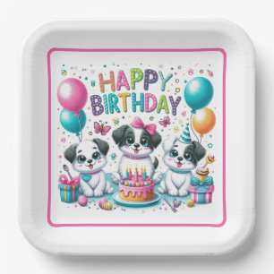 Happy Birthday Puppies Paper Plate