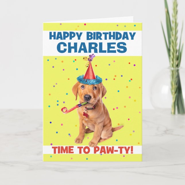 Happy Birthday Puppy Custom Name Holiday Card (Front)