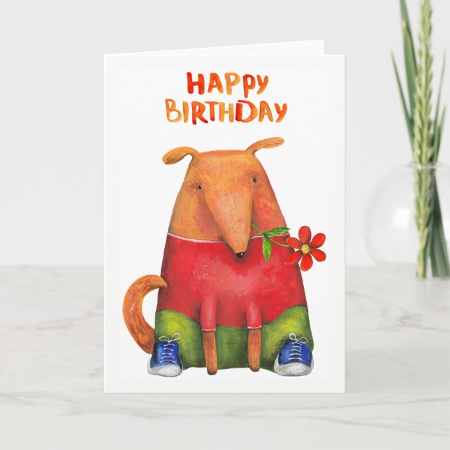 Happy Birthday Puppy with Flower  Blank Inside Card (Front)