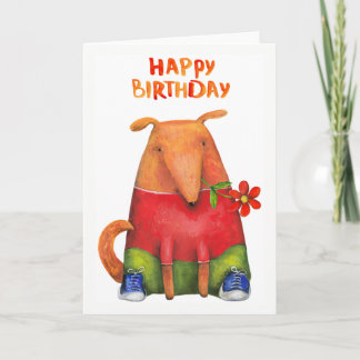 Happy Birthday Puppy with Flower  Blank Inside Card