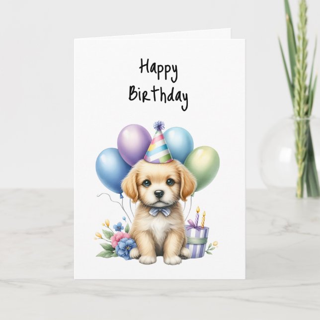 Happy Birthday Puppy Woof Celebrate Balloons  Card (Front)