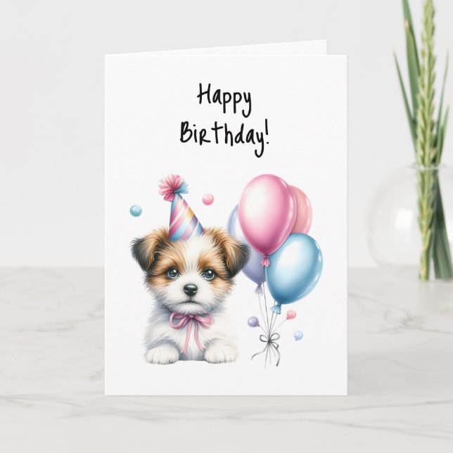 Happy Birthday Puppy Woof Pink Bow Tie Party  Card (Front)