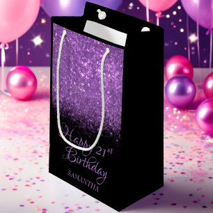 Happy Birthday Purple Black Glitter Any Age  Small Gift Bag