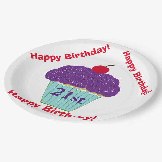 Happy Birthday Purple Frosting Cherry Cupcake Paper Plate (Angled)