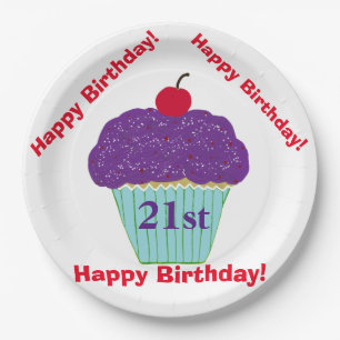 Happy Birthday Purple Frosting Cherry Cupcake Paper Plate