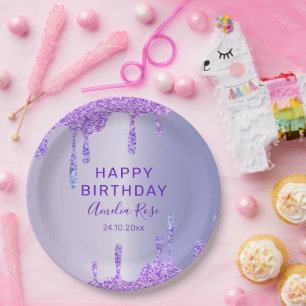Happy Birthday Purple Glitter Metallic Party Paper Plate