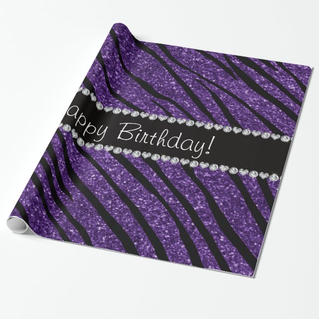 Happy birthday purple glitter zebra stripes wrapping paper (Unrolled)