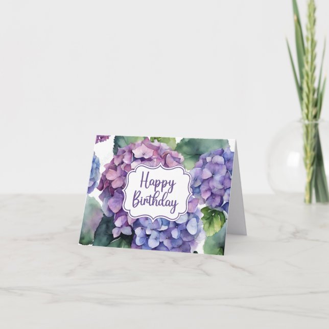Happy Birthday Purple Hydrangea Flowers  Card (Front)