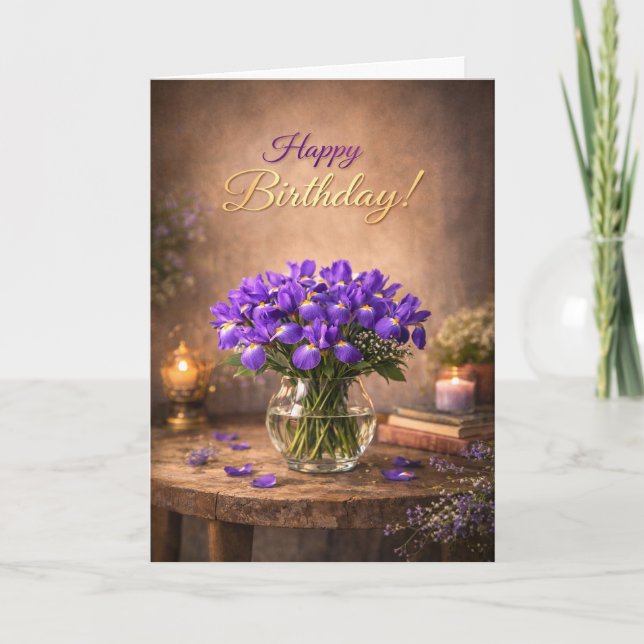 Happy Birthday Purple Iris Candlelight Card (Front)