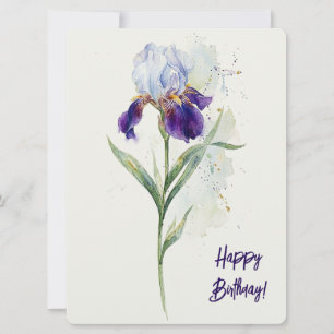 Happy birthday purple iris watercolour floral love holiday card