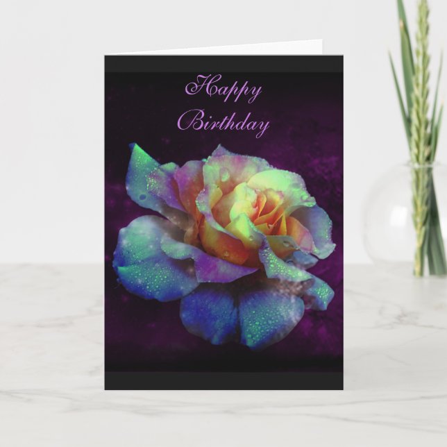 Happy Birthday Purple Kissed Turquoise Rose Card (Front)