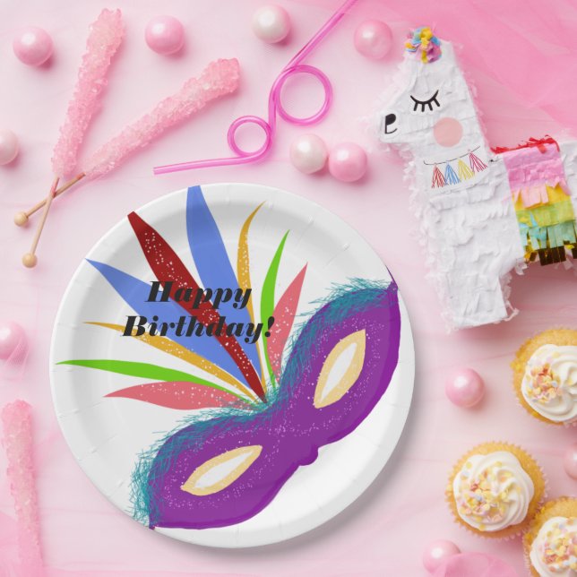 Happy Birthday Purple Masquerade Mask Paper Plate (Party)