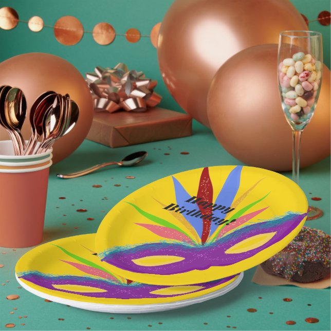 Happy Birthday Purple Masquerade Mask Paper Plate (Multi)