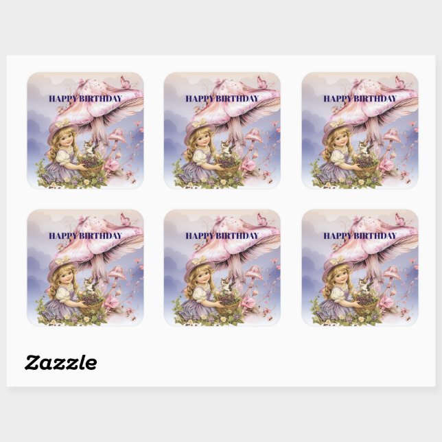 Happy Birthday Purple Mushrooms Vintage Girl  Square Sticker (Sheet)