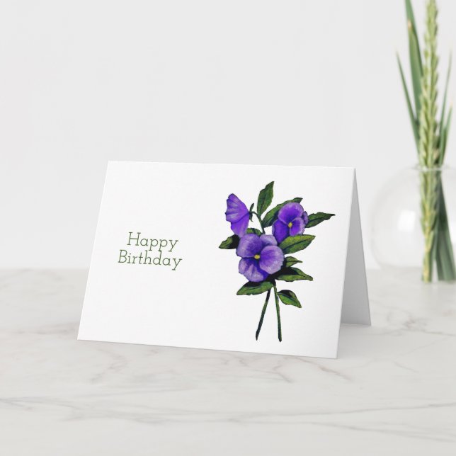 Happy Birthday, Purple Pansy Flowers, Art Card (Front)