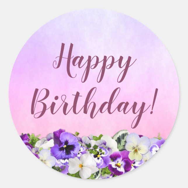 Happy Birthday purple pink florals Classic Round Sticker (Front)