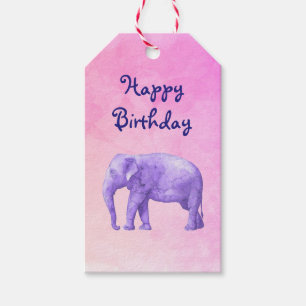 Happy Birthday Purple Watercolor Elephant on Pink Gift Tags