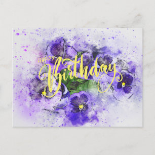 Happy Birthday Purple Watercolor Pansy Flowers  Postcard