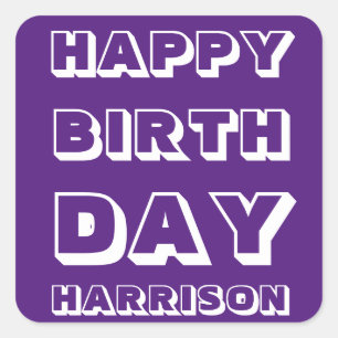 Happy Birthday purple white custom name modern Square Sticker