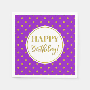 Happy Birthday Purple White Gold Dots Napkin