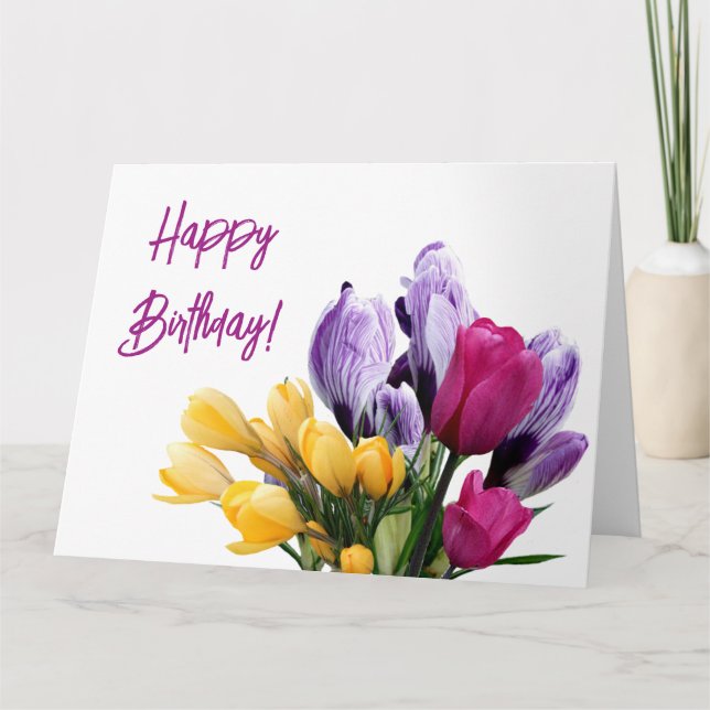 Happy Birthday purple yellow pink tulip floral fun Card (Front)
